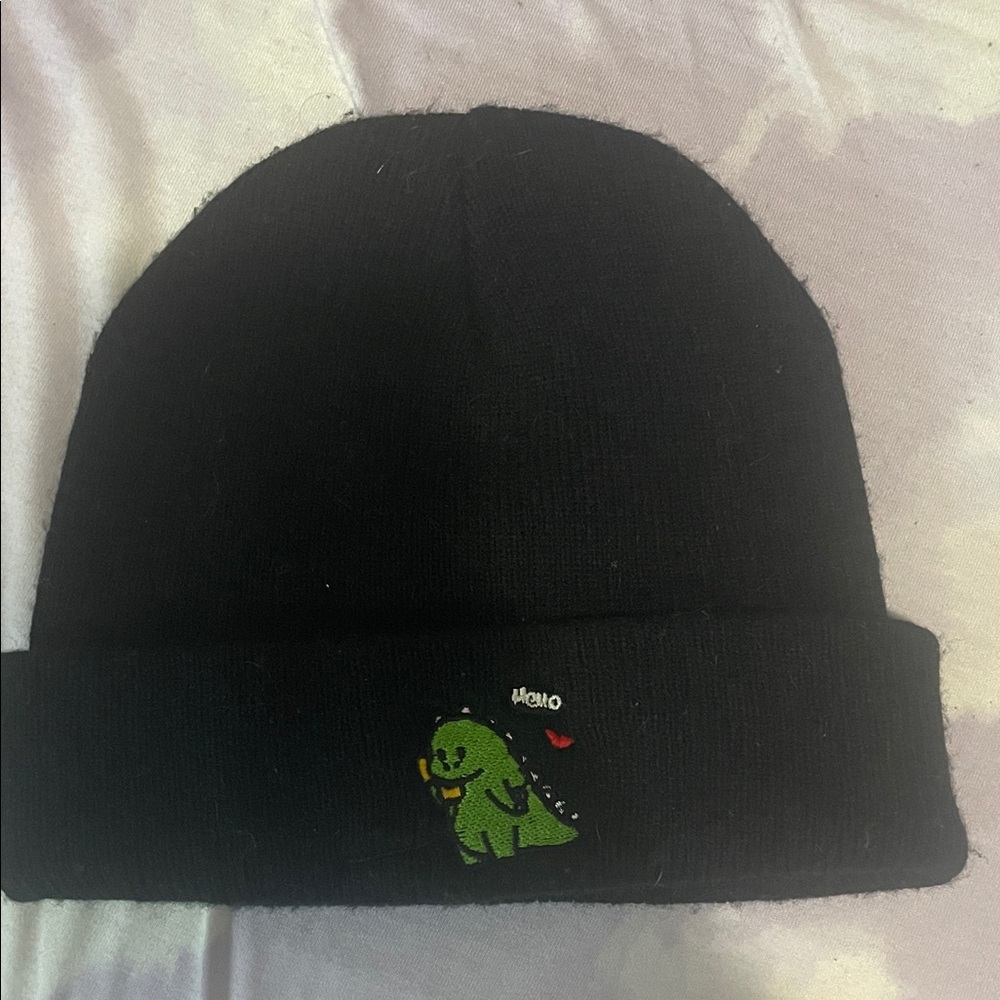 Black Emo Scene Goth Beanie with Green Dinosaur